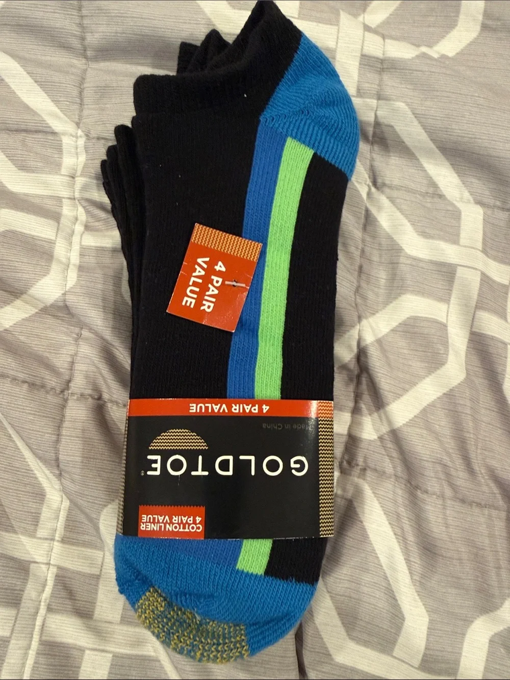 Gold Toe Black Low-Cut Athletic Socks with Blue Toe and Green Stripe - 4 Pair